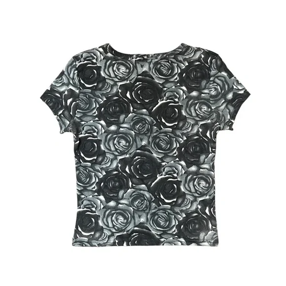 Vintage 90s Y2K Beware Gray Rose Floral Printed Top - Picture 4 of 4
